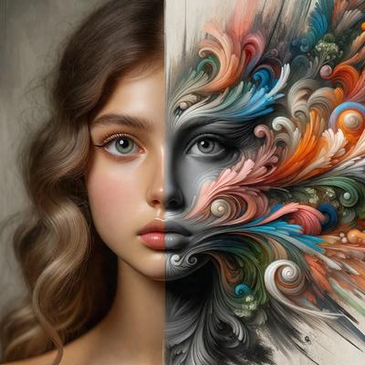 The primary subject of the image is a woman, who is depicted in two different ways. One half of her face is shown as a painting or drawing, while the other half is shown as a real-life photograph. The setting is a room with a wall, and the visual style is a combination of digital art and photography. The colors and mood of the image are vibrant and artistic, with the woman's face being the main focus.